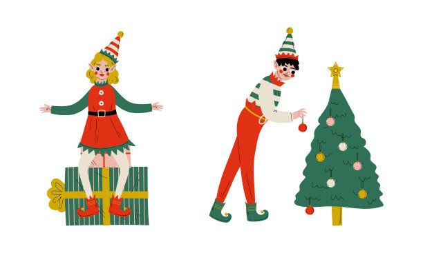 圣诞精灵与尖耳朵和帽子作为圣诞老人助手坐在礼物盒和挂小玩意在杉树向量集图片下载