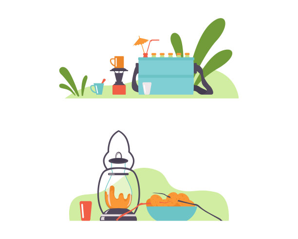 户外野餐和野营灯笼，鸡尾酒在冰箱盒子和杯子向量集图片下载