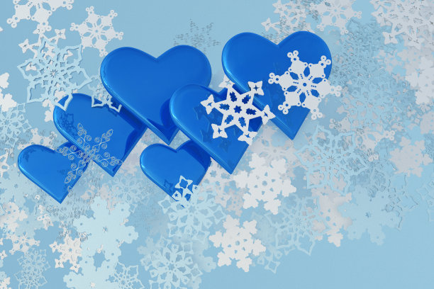 三维白色雪花波浪形状。蓝色冰冷的心，冬天圣瓦伦丁的背景。图片下载