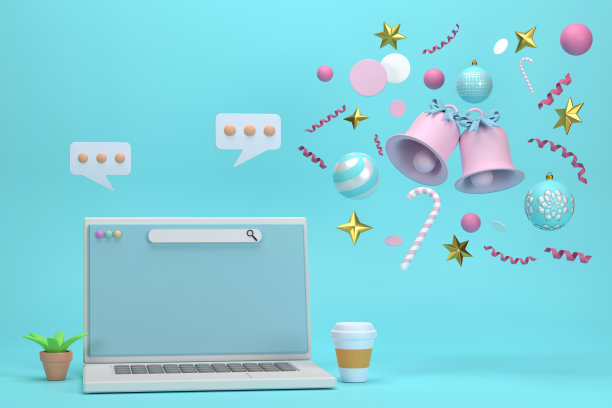 笔记本电脑的节日庆祝为圣诞节和新年派对圣诞球丝带礼品盒图片下载