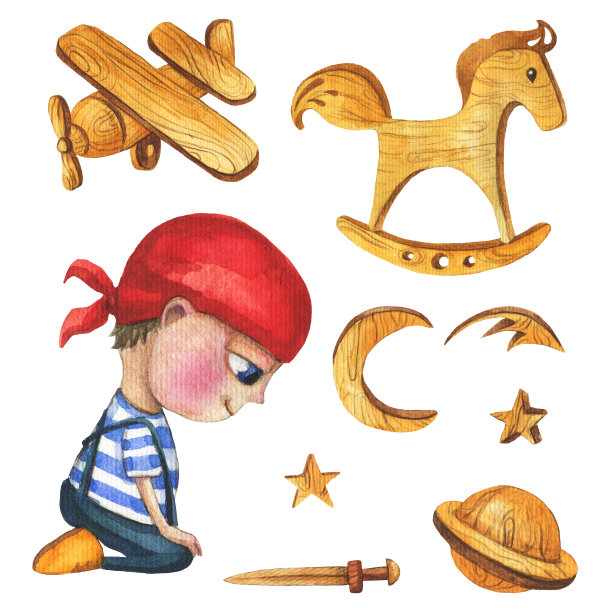 一套男孩和木头玩具-飞机，摇摆马，月亮，星星，行星和草地。水彩手绘插图。图片下载