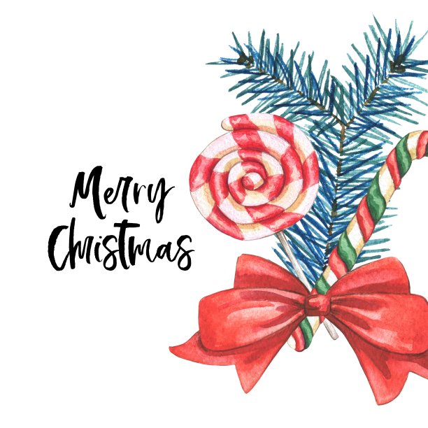 手绘棒棒糖，红色的蝴蝶结和蓝色的冷杉树枝。图片下载