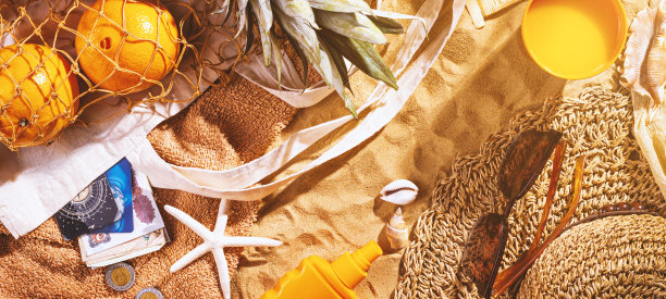 沙滩度假俯视图banner：埃及之旅纪念品与配饰图片下载