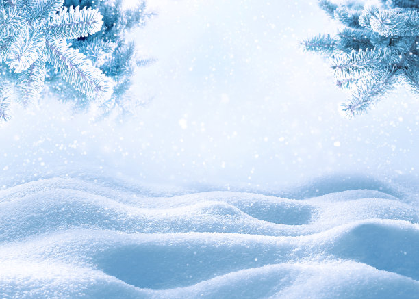 新年圣诞背景。圣诞树的树枝在雪堆和降雪的背景下。副本的空间。图片下载