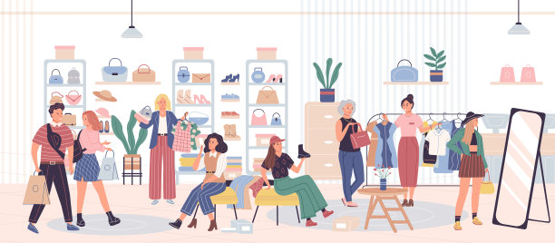 人们在商店里买衣服。各种各样的男人，女人和情侣选择，尝试和咨询图片下载