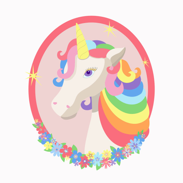 白色的独角兽。彩虹的头发。可爱的幻想动物与鲜花相框。图片下载