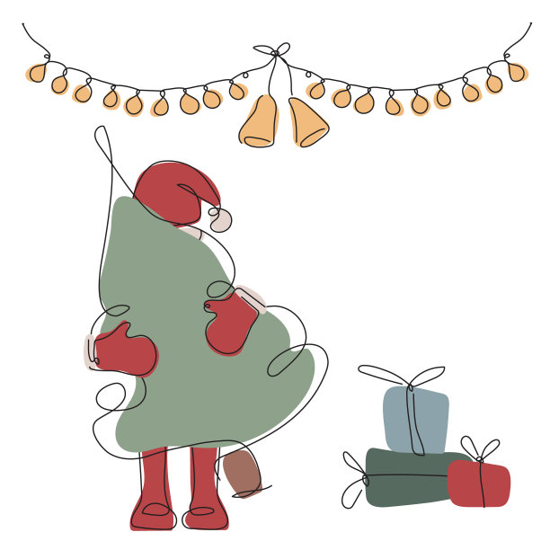 戴红色帽子、手套和靴子的圣诞老人拿着圣诞树：快乐冬季时光单线矢量概念插画图片下载
