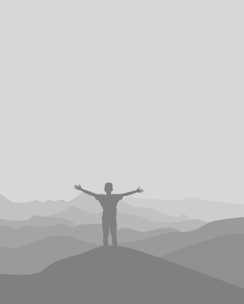 矢量插图的一个人站在山上与一个美丽的山脉与雾的观点。日出和日落在山上。图片下载