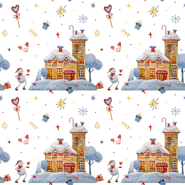 无缝水彩图案与欧洲冬季圣诞房屋，雪人，圣诞老人，圣诞树，树木，装饰和礼物。可爱的儿童童话图片在白色的背景图片下载