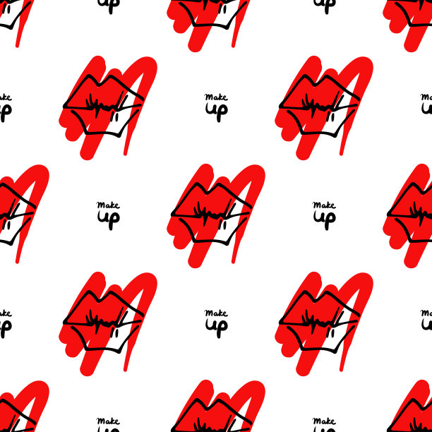 无缝的唇形图案和字母化妆。抽象的红色背景涂上口红图片下载