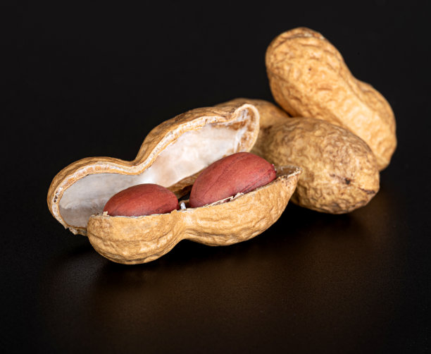 美丽的年轻花生在一个有纹理的壳和明亮美丽的坚果里面和几个完整的坚果在一个光滑的黑色背景反射。特写镜头。图片下载