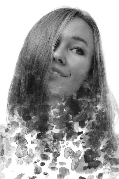 Paintography。一幅黑白的女人肖像，结合了墨水飞溅。图片下载