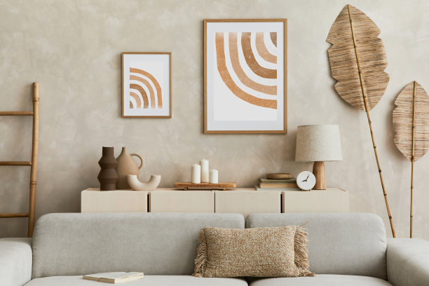 创意构图的时尚客厅内部与模拟海报框架，沙发，马桶，陶土花瓶和时尚的个人配件。柔和的中性颜色。模板。图片下载