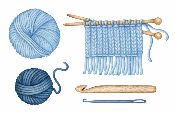水彩针织和钩针工具组。采购产品木制编织针，钩针钩，蓝色羊毛纱线绞纱，球。手工制作的。手绘剪辑艺术，设计元素隔离图片下载