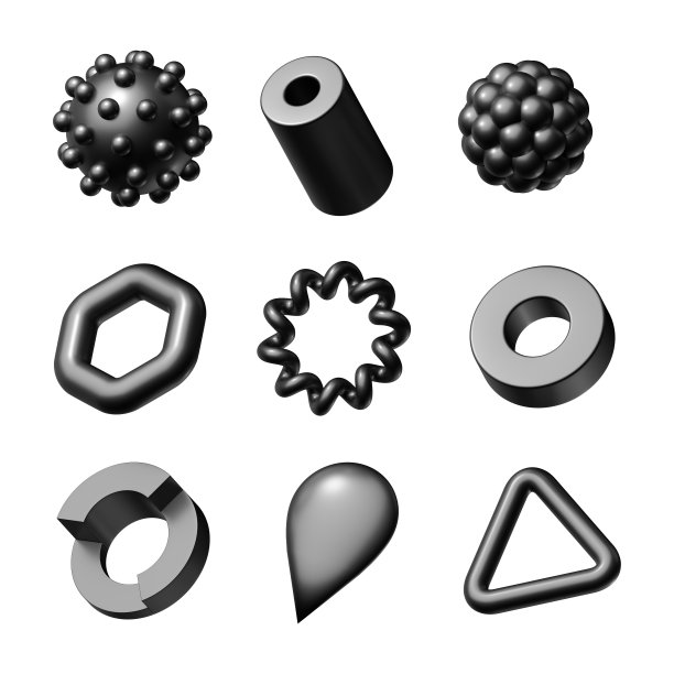 3 d渲染。不同的几何形状集合。现代简约的黑色物件。图标被隔离在白色背景上图片下载