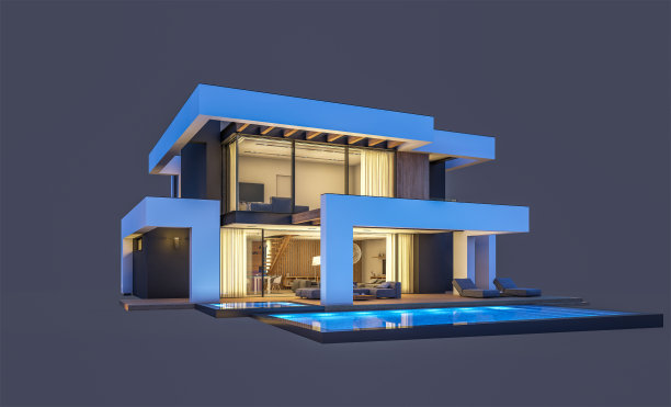 3d渲染的现代住宅豪华风格在夜间孤立在黑色图片下载