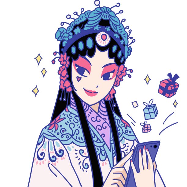 糖果色花旦拿手机国潮双十一购物促销插画图片下载