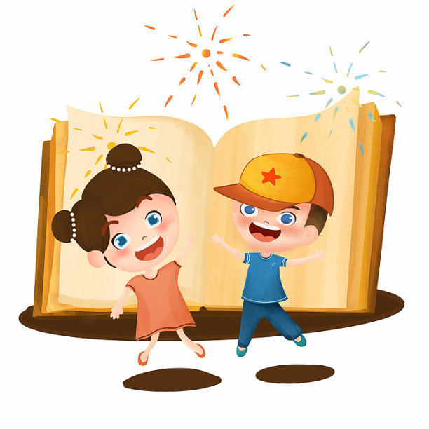 原创元素可爱男孩女孩在书本面前跳起插画图片下载