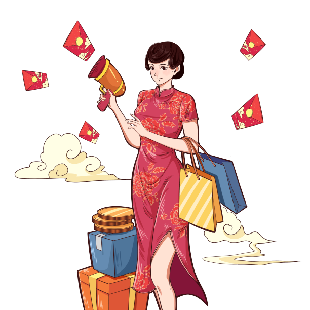 双十一国潮人物旗袍美女购物PNG素材图片下载