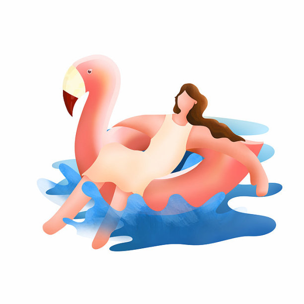 女孩穿着白色长裙子趴在火烈鸟游泳圈上图片下载