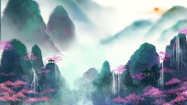 水墨春夏秋冬远景风景春季唯美古风插画图片下载