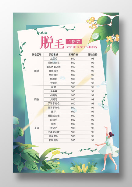 蓝色小清新卡通花朵脱毛价格表海报图片下载