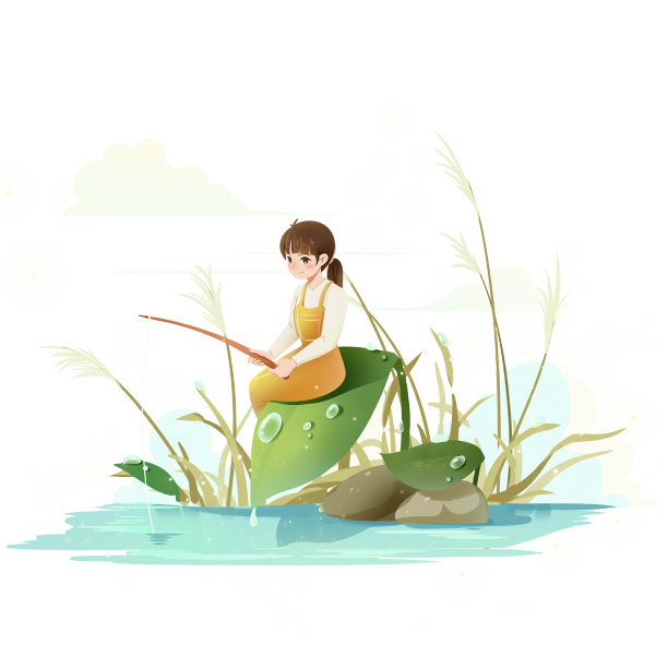 白露节气女孩在叶子上钓鱼PNG素材图片下载