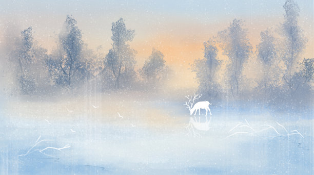 唯美冬天森林与鹿治愈系插画海报背景图片下载