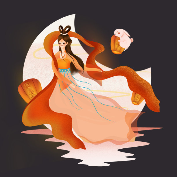 原创元素中秋节嫦娥月亮孔明灯玉兔图片下载