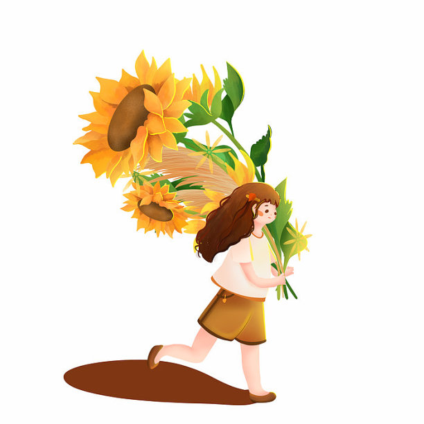 原创元素可爱女孩扛着向日葵跑插画图片下载