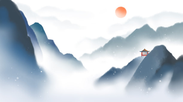 国风国潮风景水墨山水红日原创插画图片下载