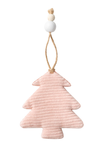 圣诞树玩具粉红色天鹅绒织物孤立在白色的背景。图片下载