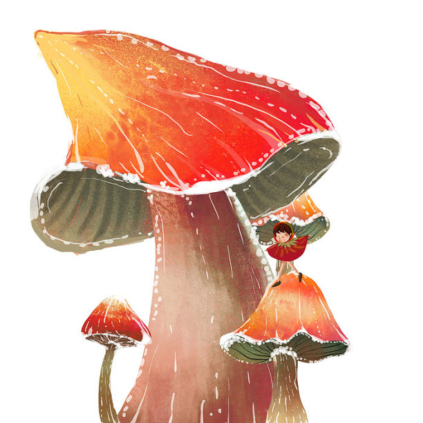 红色卡通大蘑菇森林可爱小女孩图片下载