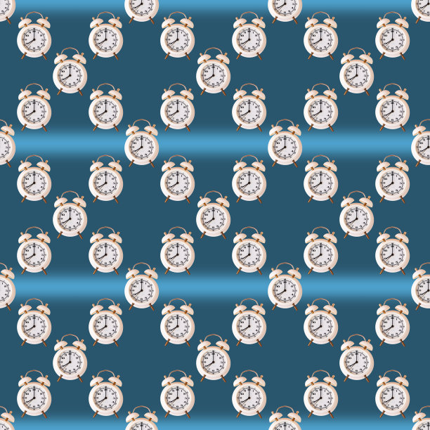 白色闹钟在蓝色背景无缝图案图片下载