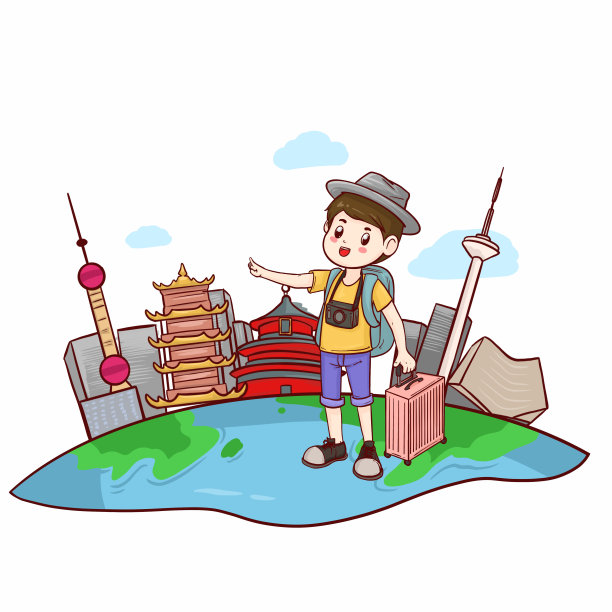 蓝色男孩环游中国旅行-元素图片下载