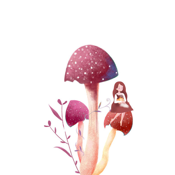 三朵紫色大蘑菇和一个小女孩图片下载