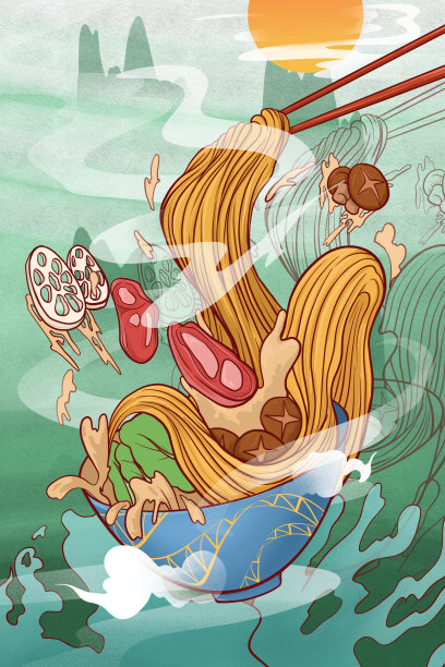 绿色国潮山水风格拉面-插画图片下载