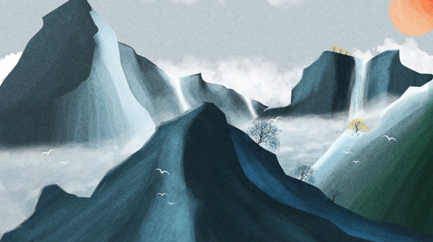 蓝色水墨风大气秋冬山水插画素材图片
