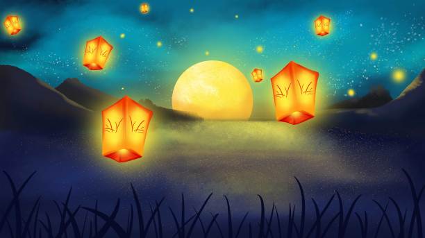 原创中秋节放河灯孔明灯插画图片下载