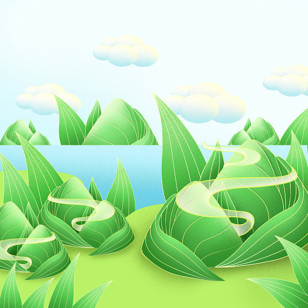 绿色端午节粽叶与粽子山水图片下载