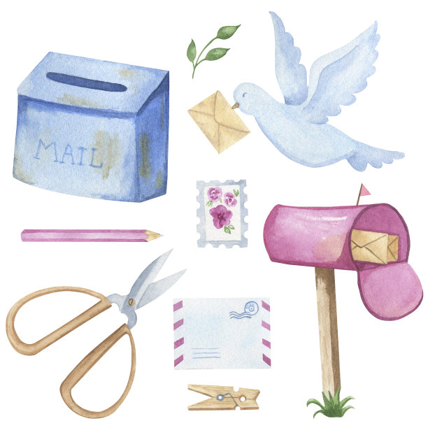 水彩手绘邮件符号:邮箱，邮票，剪刀，铅笔。剪贴画集孤立在一个白色的背景。图片下载