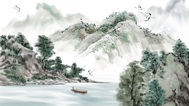 手绘彩色水墨风景插画图片下载