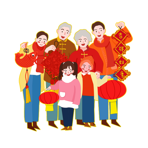 手绘新年一家人拜年图片下载