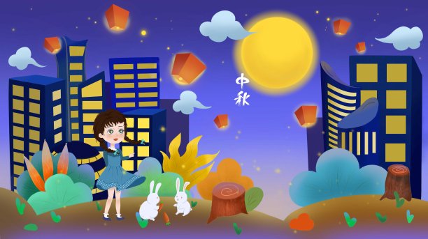 卡通女孩中秋节赏月图片下载