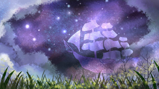 手绘星空帆船草丛图片下载