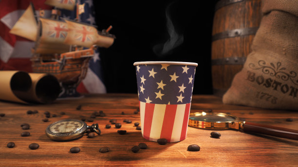 波士顿倾茶事件是英国拒绝茶的象征。在美国分销咖啡。美国国旗图片下载