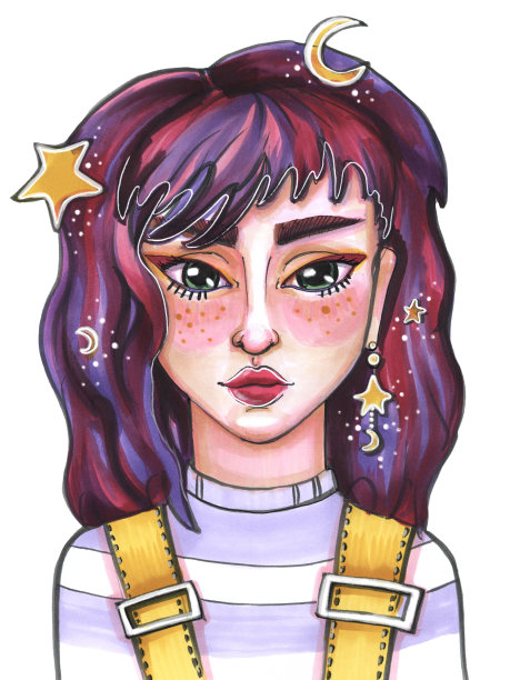 手绘素描插图头像的年轻女孩与明亮的粉红色和紫色的头发，化妆趋势箭头和腮红在白色背景上接近图片下载