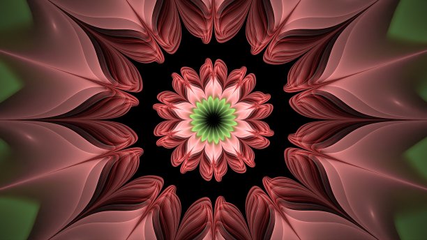 美丽抽象3d彩色花，发光的花瓣在黑色背景。三维渲染图片下载