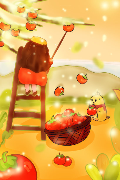 霜降女孩摘柿子图片下载