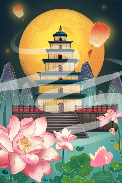中秋建筑物插画图片下载
